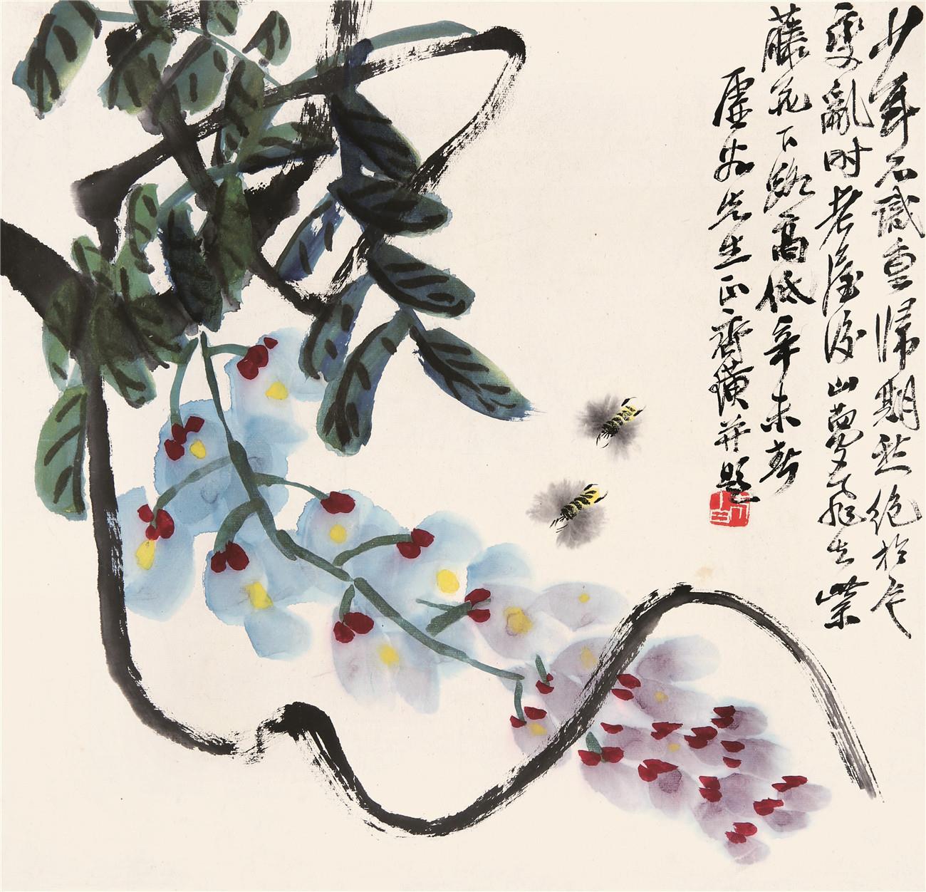齐白石(1864-1957)紫藤双蜂