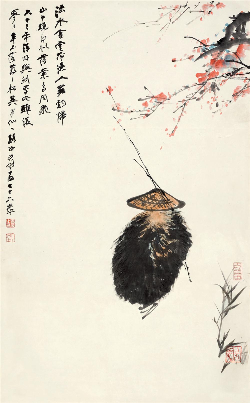 83in.约4.96平尺  立轴设色纸本   题识:流水含云冷,渔人罢钓归.