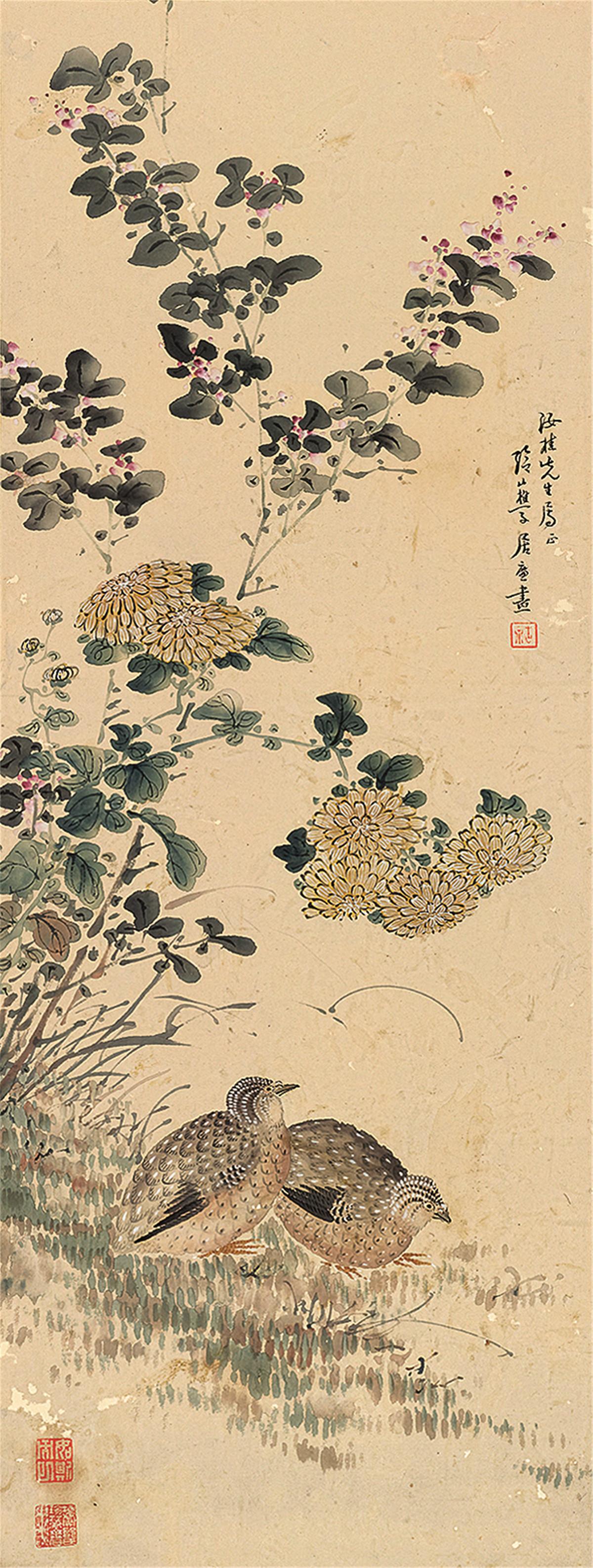 居廉(1828～1904)野菊双鹌图