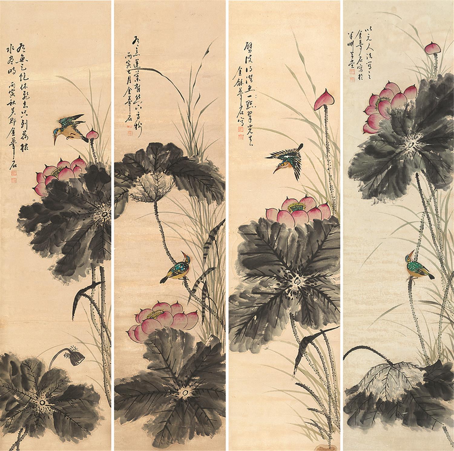 金梦石(1869～1952)荷塘珍禽