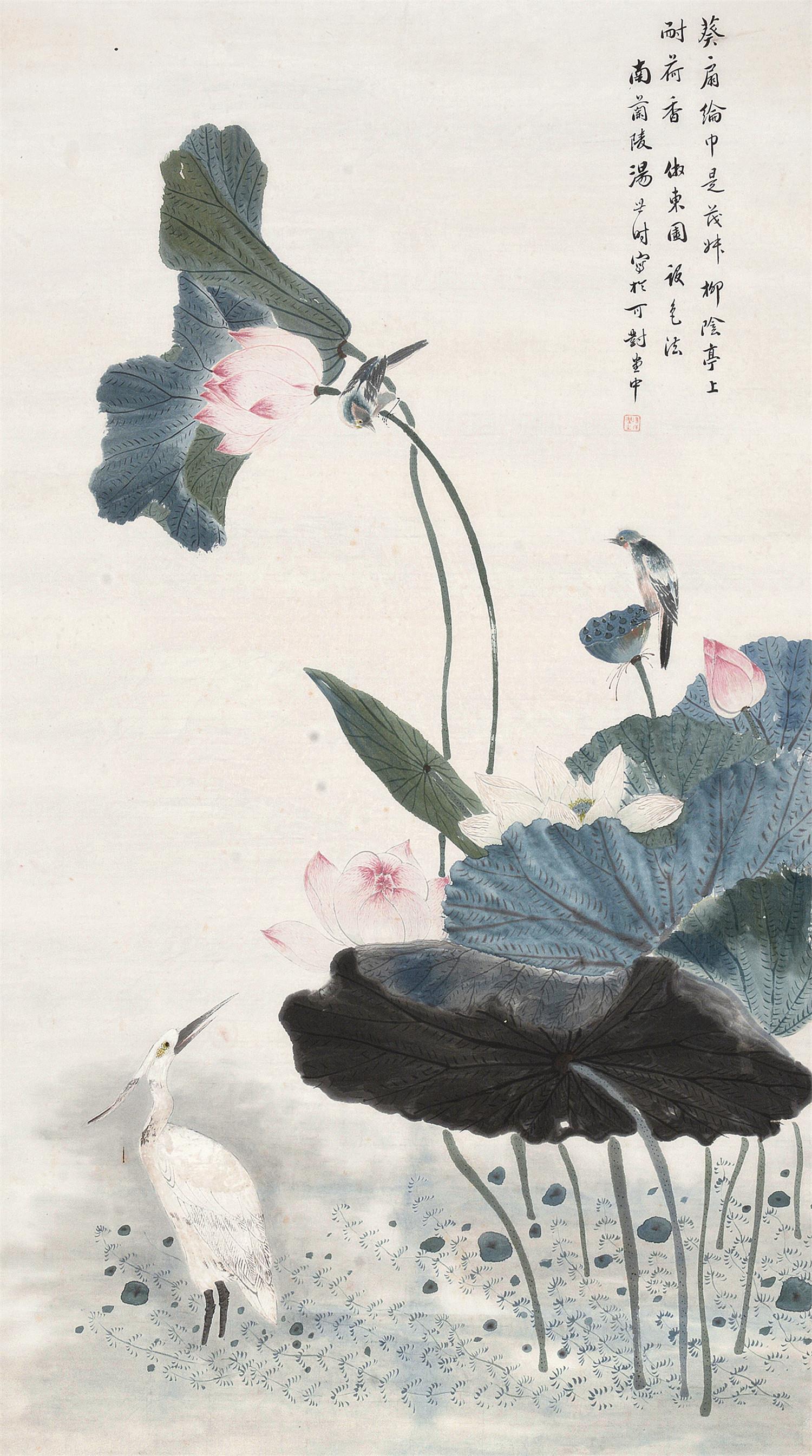 中国书画 lot 0160  分享 拍品描述 立轴    设色纸本;钤印:汤世澍玺