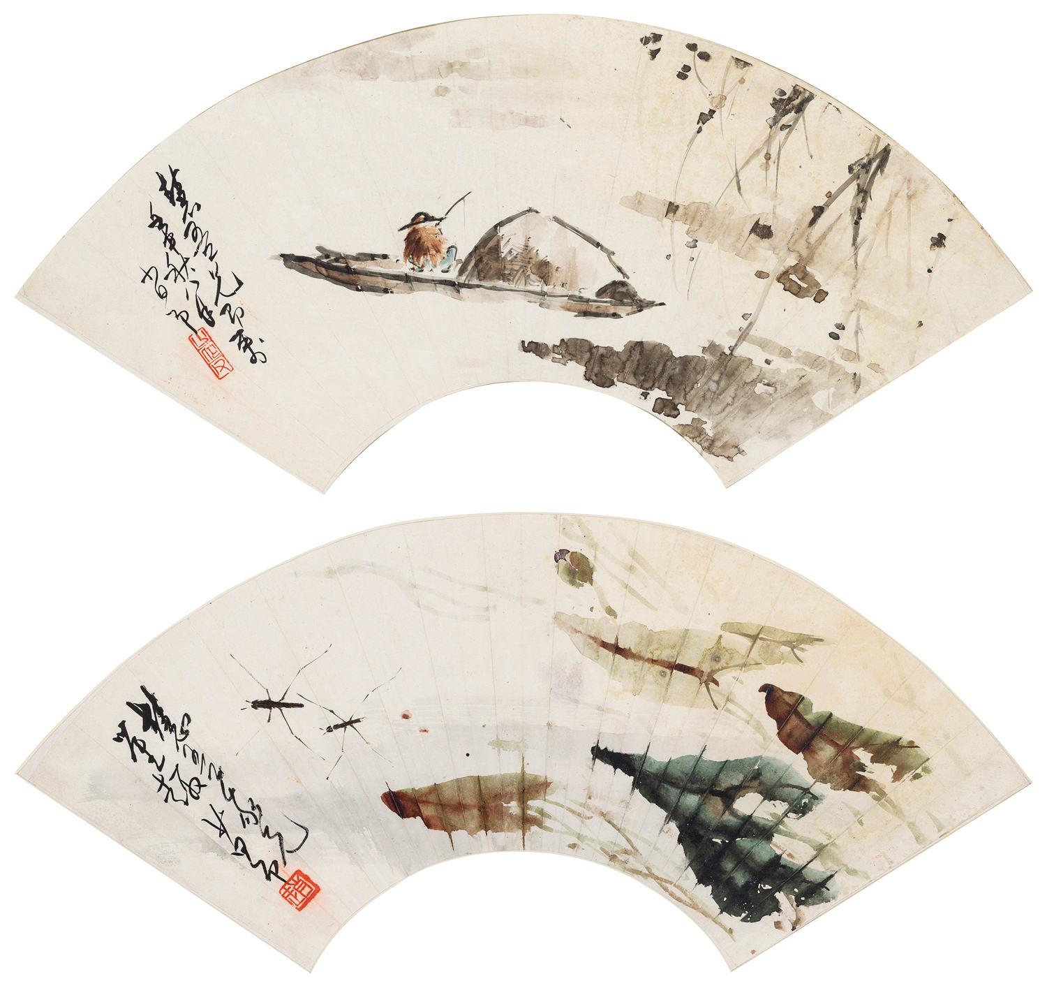 赵少昂(1905-1998)山水,花鸟扇面二帧