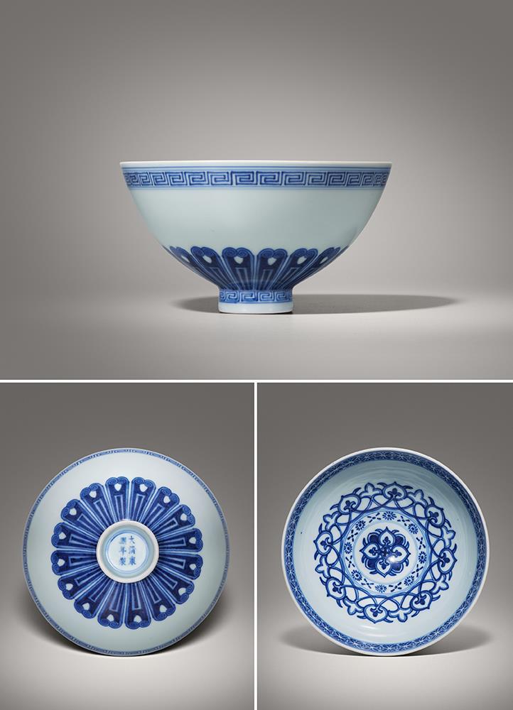 清康熙青花花卉莲瓣纹鸡心碗