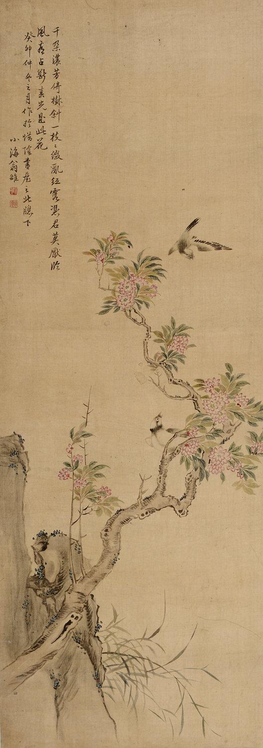 近代 翁小海绢本花鸟轴