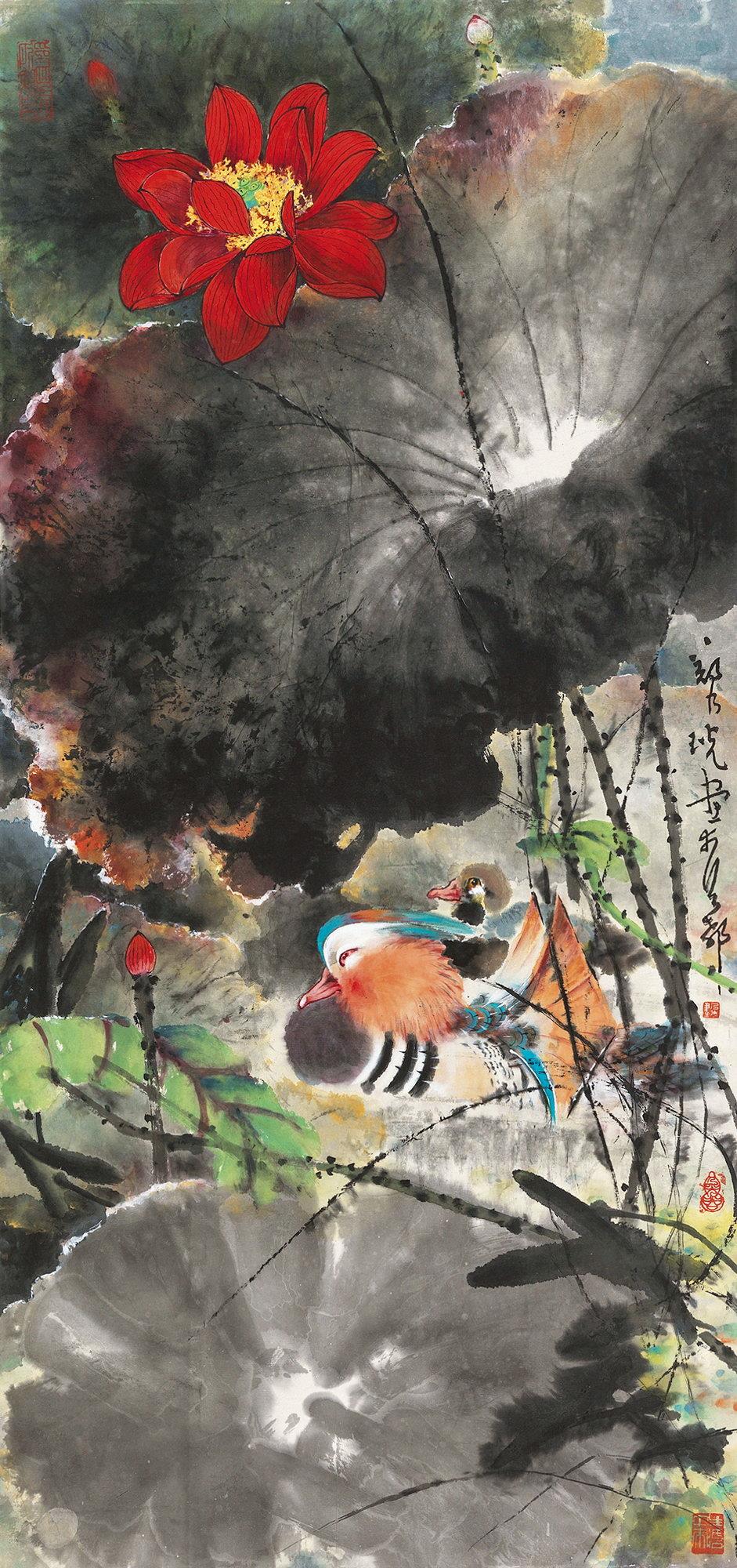郑乃珖(1911～2005) 荷花鸳鸯 立轴 设色纸本