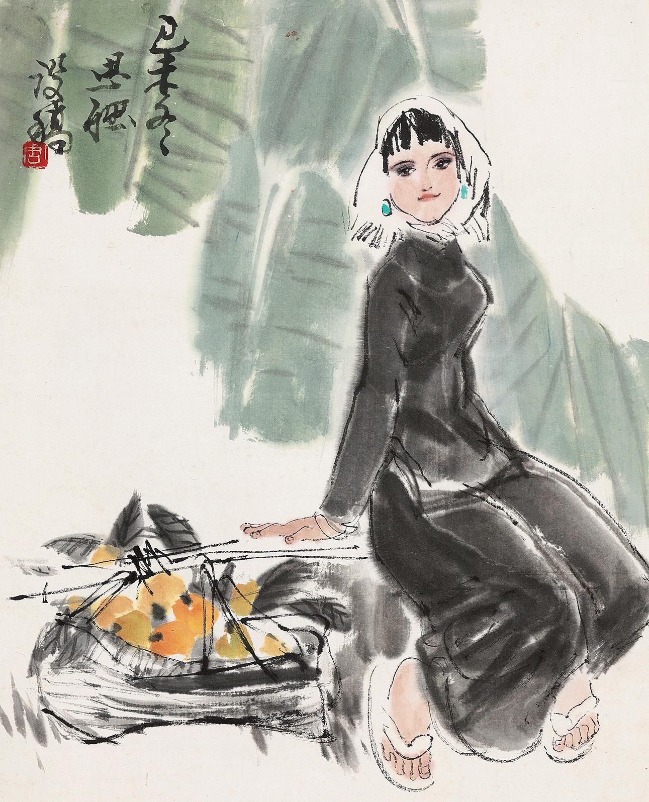 周思聪 1979年作 芭蕉仕女 立轴 设色纸本