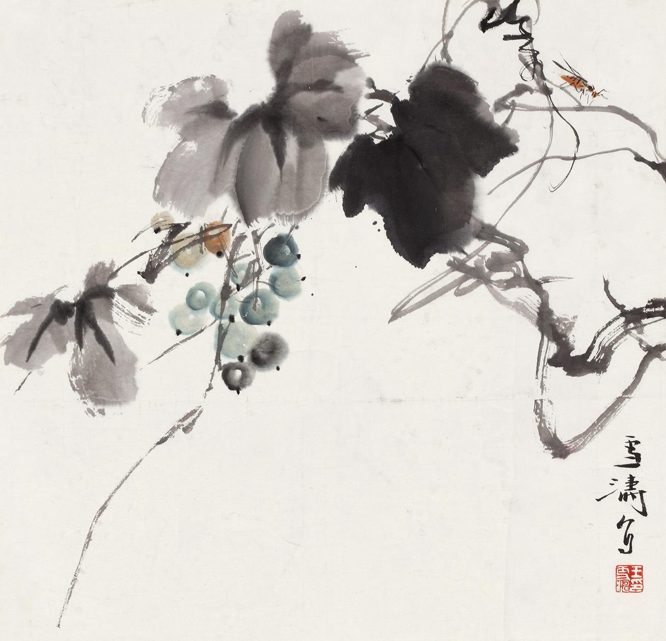 王雪涛(1903～1982) 葡萄蜜蜂 镜芯 设色纸本