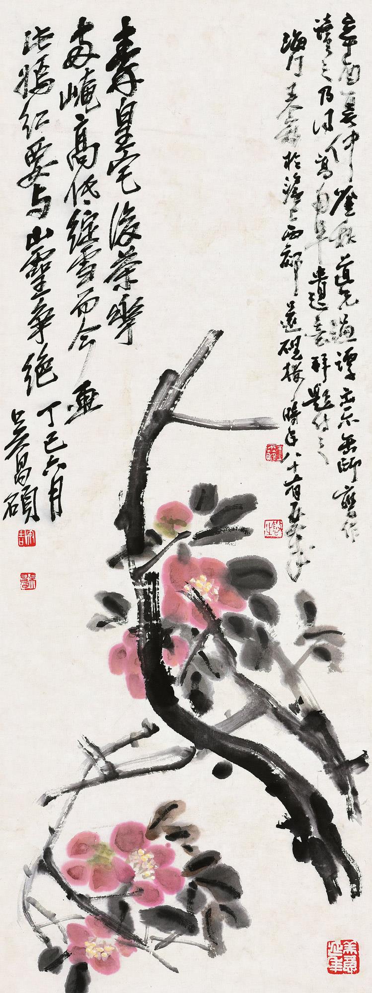 吴昌硕(1844～1927 1917年作 茶花 轴 设色纸本