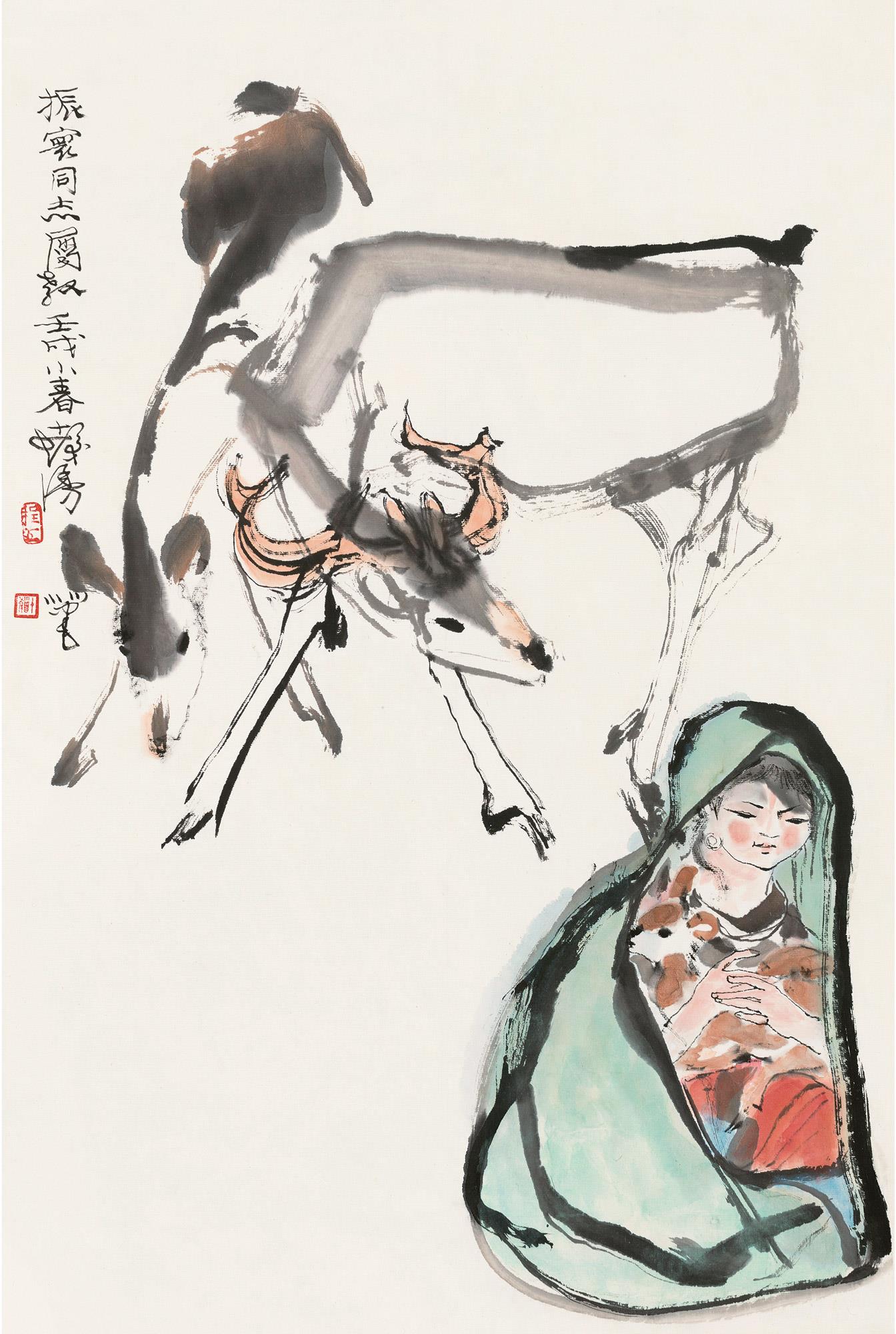 程十发(1921～2007) 壬戌(1982)年作 吉羊图 立轴 设色纸本