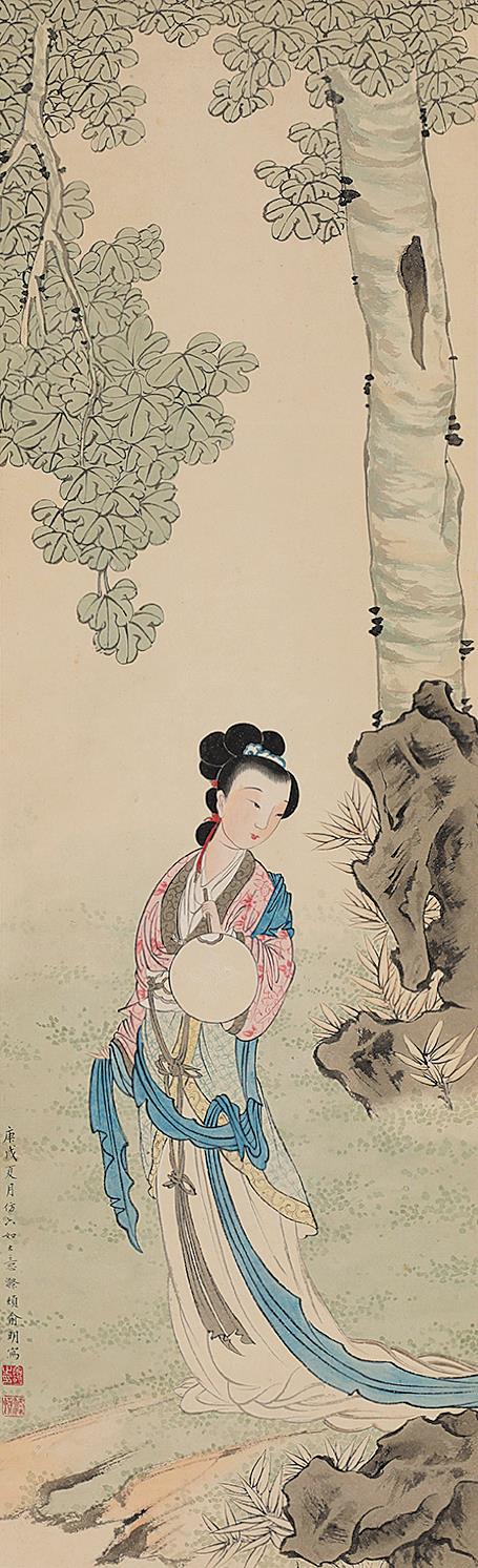 俞明 桐荫仕女图 立轴 设色纸本