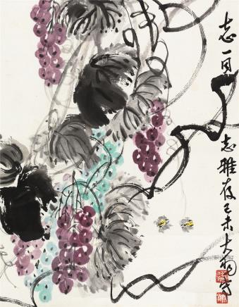 陈大羽 己未（1979）年作 葡萄蜜蜂 镜片 设色纸本