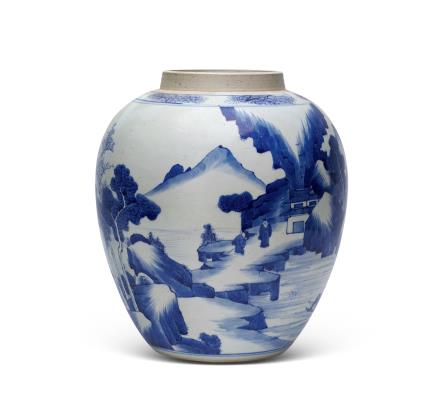  青花山水人物罐 